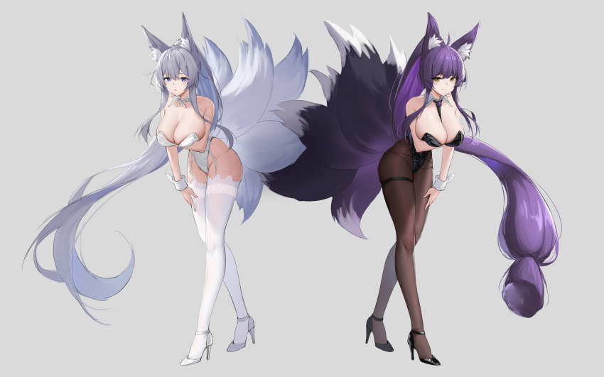 2girls absurdres alternate_costume alternate_hairstyle animal_ear_fluff animal_ears azur_lane bare_shoulders between_breasts black_footwear black_leotard black_necktie black_pantyhose blue_eyes breasts chinese_commentary cleavage closed_mouth collarbone commentary_request detached_collar fox_ears fox_girl fox_tail full_body garter_straps grey_hair high_heels high_ponytail highres huge_breasts kafeifeifeifeifeifei_jiemo_jun kyuubi leaning_forward leotard long_hair multiple_girls multiple_tails musashi_(azur_lane) necktie necktie_between_breasts pantyhose parted_lips playboy_bunny ponytail purple_hair shinano_(azur_lane) smile standing tail thighhighs very_long_hair white_footwear white_leotard white_thighhighs wrist_cuffs yellow_eyes