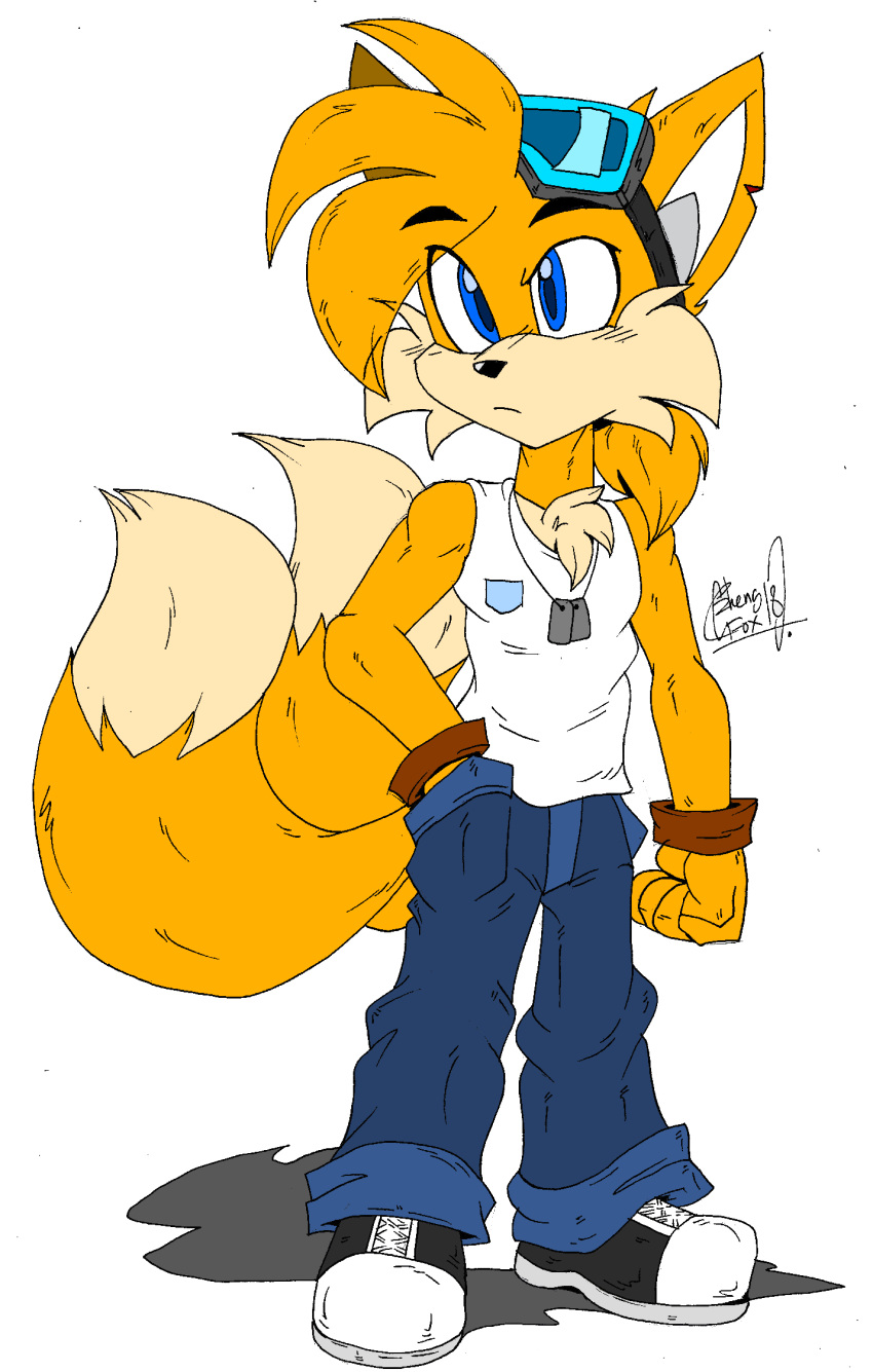 2018 2_tails abstract_background akatsukishiranui-fox anthro artist_name blonde_hair blue_eyes bottomwear canid canine clothing denim denim_clothing digital_drawing_(artwork) digital_media_(artwork) dog_tags eyewear eyewear_on_head fingers fluffy fluffy_tail fox fur goggles goggles_on_head hair hand_in_pocket hi_res jeans male mammal miles_prower multi_tail multicolored_body multicolored_fur pants pockets sega shirt short_hair signature simple_background solo sonic_the_hedgehog_(series) tan_body tan_fur tank_top topwear two_tone_body two_tone_fur white_background yellow_body yellow_fur