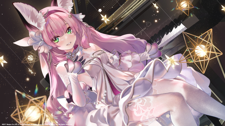 1girl alternate_costume animal_ear_fluff animal_ears azur_lane dress flower fox_ears fox_girl garter_straps gloves grand_piano hair_flower hair_ornament hairband hanazuki_(azur_lane) hand_on_own_chest highres instrument lace-trimmed_legwear lace_trim manjuu_(azur_lane) piano revision shirokitsune sitting solo star_(symbol) star_hair_ornament