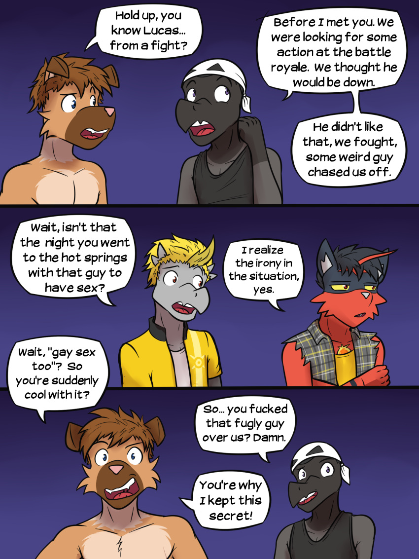 3:4 anthro anthrofied clothed clothing comic countershading dialogue english_text fuze generation_7_pokemon group grunt_(pok&eacute;mon) hakamo-o headkerchief hi_res jake_(fuze) kerchief lucas_(fuze) male male/male nintendo nude pokemon pokemon_(species) pokemorph profanity ricky_(fuze) rockruff salandit shirt skull_grunt slick_(fuze) tank_top team_skull text topwear torracat video_games