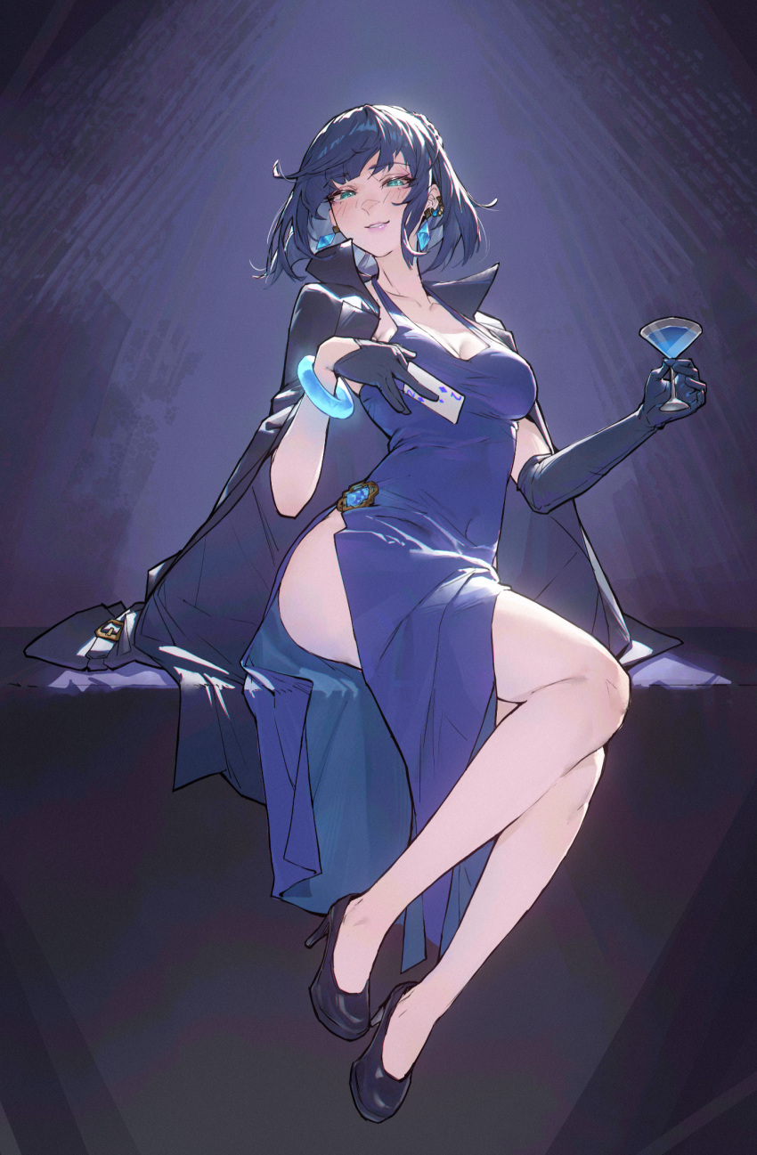 asymmetrical_gloves bangs blue_dress bracelet card coat coat_on_shoulders cocktail_glass crystal_earrings cup dress drinking_glass earrings genshin_impact green_eyes han_keshi_chao_mang_de high_heels highres jewelry photoshop_(medium) playing_card short_hair side_slit sitting smile yelan_(genshin_impact)