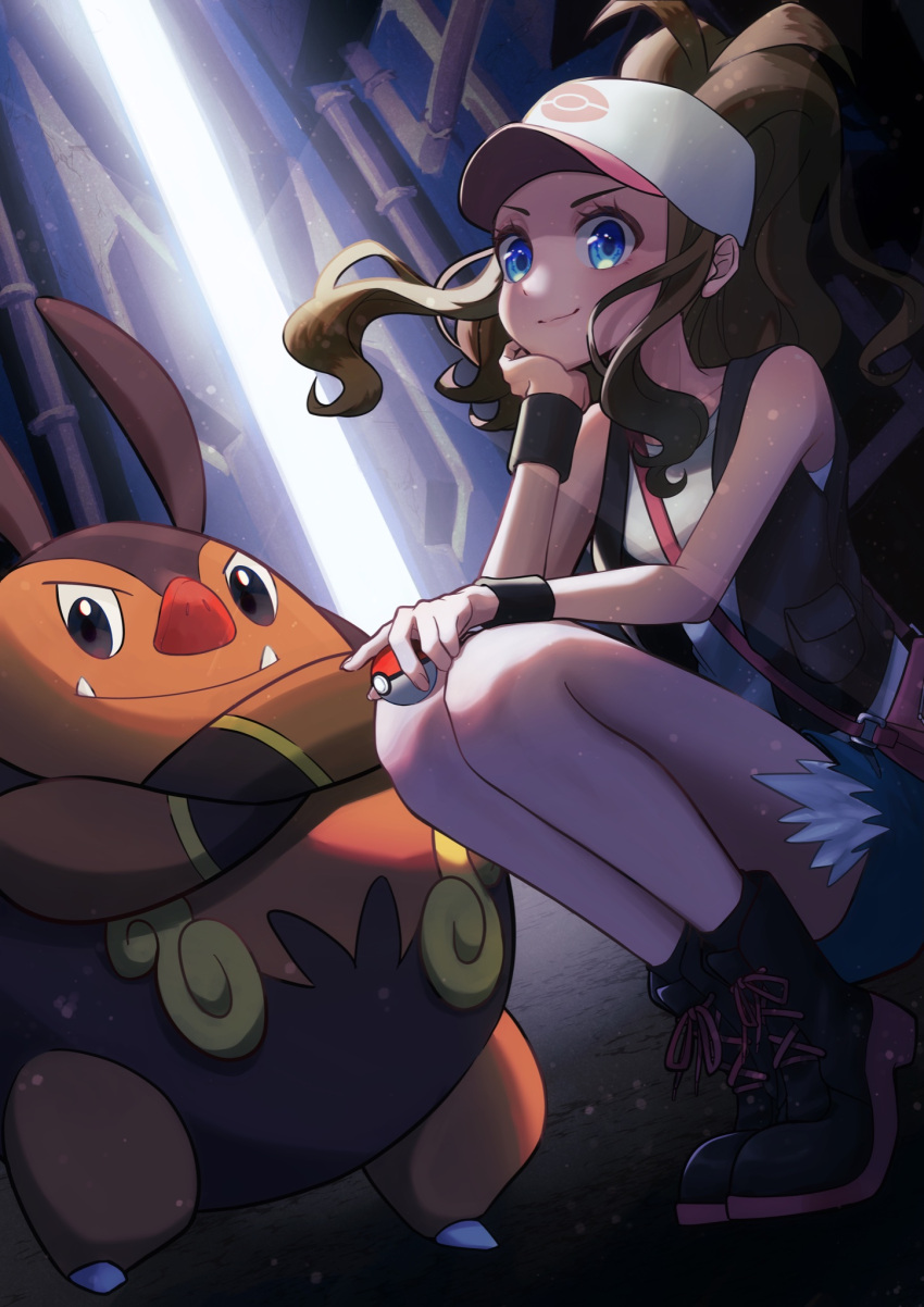 1girl alley baseball_cap black_vest blue_eyes boots brown_hair closed_mouth commentary_request denim denim_shorts eyelashes hat high_ponytail highres hilda_(pokemon) holding holding_poke_ball long_hair pignite poke_ball poke_ball_(basic) pokemon pokemon_(creature) pokemon_(game) pokemon_bw shima_koushi shirt short_shorts shorts sidelocks sleeveless sleeveless_shirt smile squatting vest white_shirt wristband