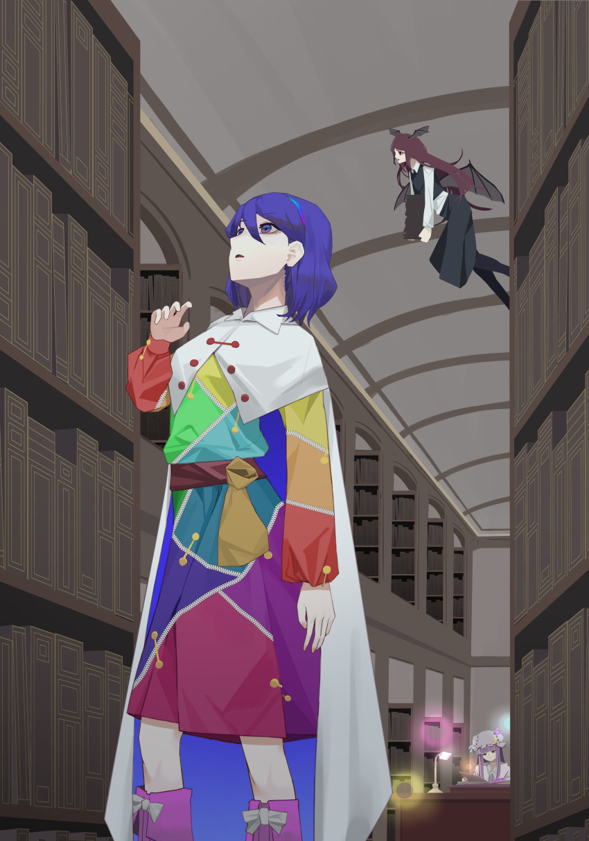 3girls absurdres blue_hair book bookshelf boots cape dauchimk_1 flying head_wings highres holding holding_book koakuma library long_sleeves multiple_girls patchouli_knowledge patchwork_clothes purple_hair red_hair short_hair standing tenkyuu_chimata touhou