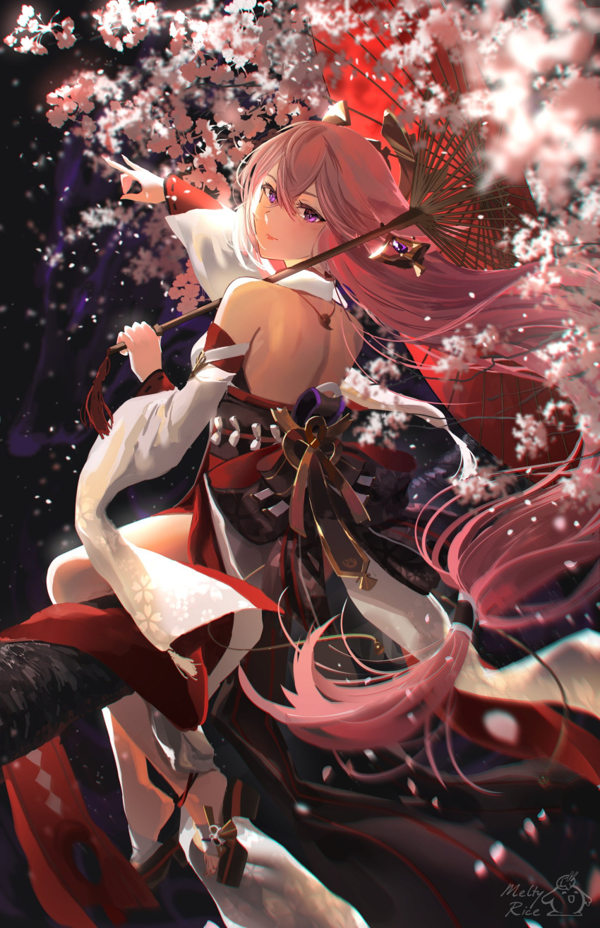 1girl absurdres animal_ears artist_logo bare_legs bare_shoulders blurry blurry_foreground cherry_blossoms closed_mouth detached_sleeves earrings fox_ears fox_shadow_puppet from_side genshin_impact geta hair_between_eyes hand_up highres holding holding_umbrella jewelry long_hair looking_at_viewer meltyrice nail_polish obi pink_hair pink_nails purple_eyes sash shirt side_slit signature sitting_on_branch sleeveless sleeveless_shirt solo toenail_polish toenails toes tree umbrella very_long_hair white_shirt white_sleeves wide_sleeves yae_miko