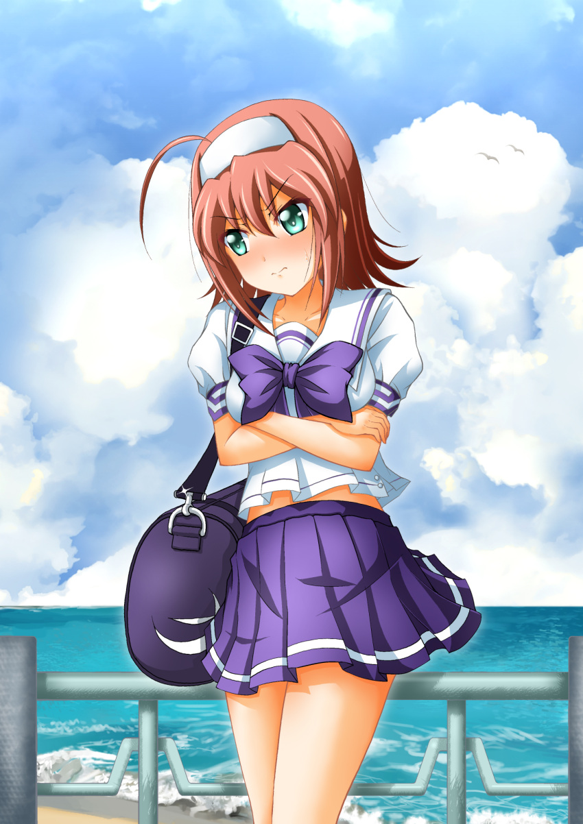 1girl bag bow bowtie green_eyes highres kimi_ga_nozomu_eien midriff_peek mpon purple_skirt school_bag school_uniform skirt suzumiya_akane