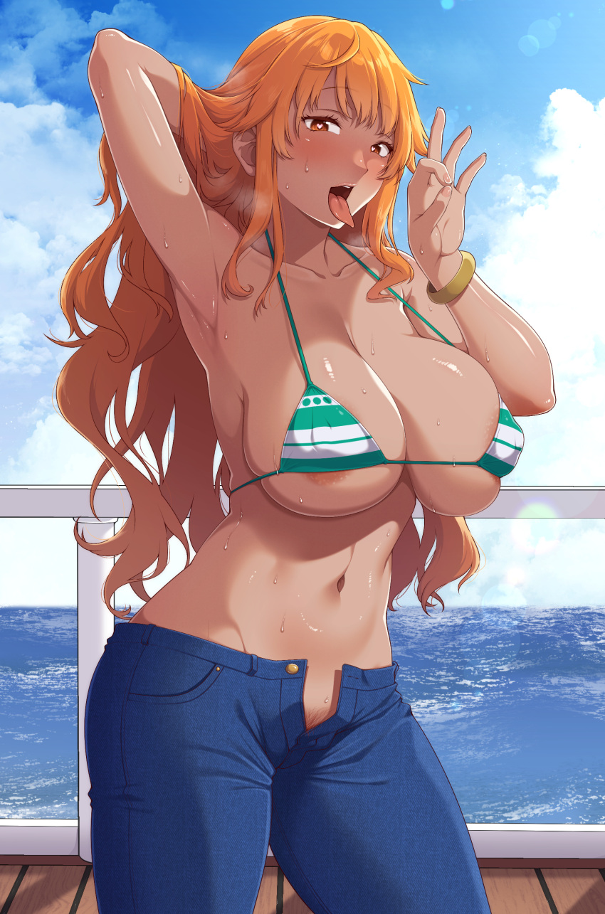 1girl absurdres ao_banana arm_behind_head armpits bikini bikini_top_only blue_pants blue_sky breasts cloud collarbone dark-skinned_female dark_skin day denim female_pubic_hair green_bikini highres jeans large_breasts looking_at_viewer nami_(one_piece) naughty_face navel ocean one_piece open_fly open_mouth orange_eyes orange_hair orange_pubic_hair outdoors pants pubic_hair sky solo standing swimsuit tongue tongue_out white_bikini