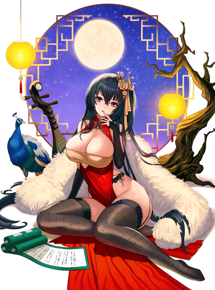 1girl absurdres azur_lane bangs bird black_gloves black_hair black_thighhighs breasts bridal_gauntlets chinese_clothes cleavage cleavage_cutout clothing_cutout crossed_bangs dress feather_boa finger_to_mouth framed_breasts full_body full_moon gloves hair_ornament highres huge_breasts instrument lace-trimmed_thighhighs long_hair low_neckline mandolin moon night night_sky no_panties official_alternate_costume peacock rakuri_(rwrn5475) red_dress red_eyes scroll sky solo taihou_(azur_lane) taihou_(phoenix's_spring_song)_(azur_lane) thighhighs very_long_hair