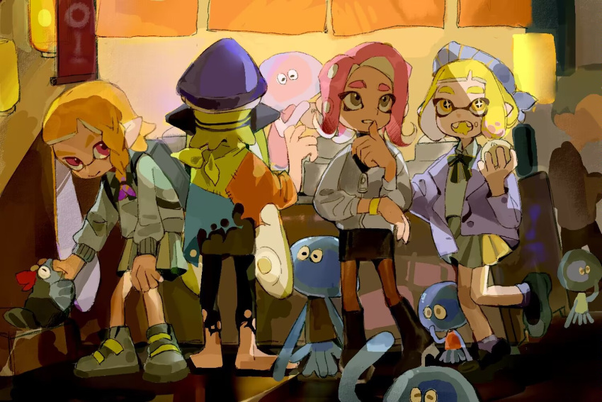 4girls agent_3_(splatoon) agent_3_(splatoon_3) agent_4_(splatoon) agent_8_(splatoon) asymmetrical_hair blonde_hair braid fangs food_stand green_hair hat inkling inkling_girl jellyfish lili51540640 little_buddy_(splatoon) multiple_girls octoling octoling_girl orange_hair pants peaked_cap pink_hair poncho salmonid school_uniform single_braid skirt smallfry_(splatoon) smile splatoon_(series) splatoon_1 splatoon_2 splatoon_2:_octo_expansion splatoon_3 standing tentacle_hair torn_clothes torn_pants