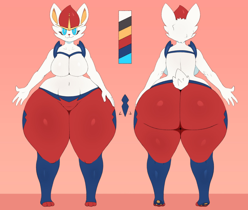 anthro big_breasts big_butt blue_eyes bottomwear breasts butt cinderace clothing featureless_breasts female generation_8_pokemon hand_on_hip hi_res huge_butt huge_hips huge_thighs kkoart looking_at_viewer model_sheet navel nintendo pants pokemon pokemon_(species) pupils smile solo thick_thighs video_games white_body white_pupils wide_hips