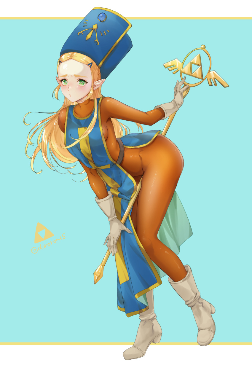1girl artist_name bangs between_legs blonde_hair blue_background blue_headwear blush bodysuit boots braid breasts closed_mouth commentary_request cosplay cross cross_print crown_braid dororon1 dragon_quest dragon_quest_iii eyelashes forehead full_body gloves gold_trim green_eyes hair_ornament hairclip hat highres holding holding_staff leaning_forward letterboxed long_hair looking_at_viewer medium_breasts mitre orange_bodysuit parted_bangs pelvic_curtain pointy_ears priest_(dq3) priest_(dq3)_(cosplay) princess_zelda print_headwear raised_eyebrows sidelocks single_braid solo staff standing tabard the_legend_of_zelda the_legend_of_zelda:_breath_of_the_wild triforce twitter_username white_footwear white_gloves