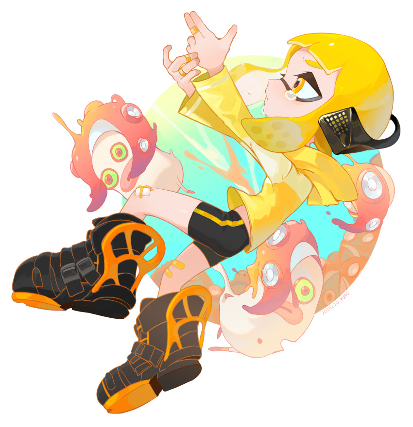 1girl absurdres bandaid bandaid_on_hand bandaid_on_leg bangs black_footwear black_shorts blonde_hair boots closed_mouth crying dated finger_gun from_side headphones highres hood hooded_jacket inkling inkling_girl jacket kumo_(kumo_hsc0216) long_sleeves octarian octotrooper short_hair shorts signature splatoon_(series) splatoon_2 tears tentacle_hair tentacles yellow_jacket