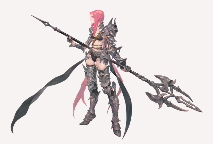 1girl absurdres armor bikini bikini_armor black_bikini black_thighhighs closed_mouth collarbone commentary english_commentary eyeshadow greaves grey_background heart highres holding holding_polearm holding_weapon incredibly_absurdres long_hair makeup original pauldrons pink_eyes pink_eyeshadow pink_hair polearm shoulder_armor solo spear standing swimsuit thighhighs trident vambraces very_long_hair weapon yuho_kim