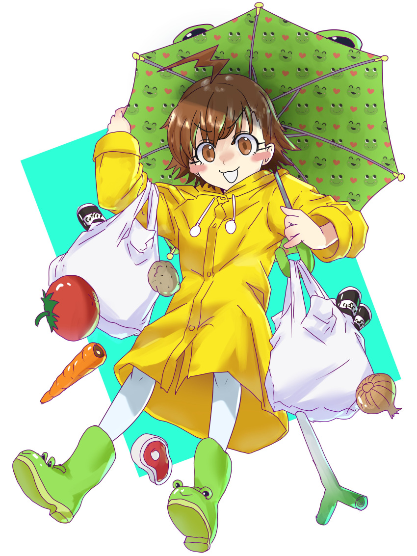 1girl absurdres aqua_background bag blush_stickers boots brown_eyes brown_hair can carrot ebora full_body gekota green_footwear green_umbrella heart highres holding holding_bag holding_umbrella long_sleeves looking_at_viewer misaka_imouto open_mouth pantyhose plastic_bag raw_meat rubber_boots short_hair simple_background solo spring_onion toaru_kagaku_no_railgun toaru_majutsu_no_index tomato umbrella v-shaped_eyebrows white_background white_bag white_pantyhose yellow_raincoat