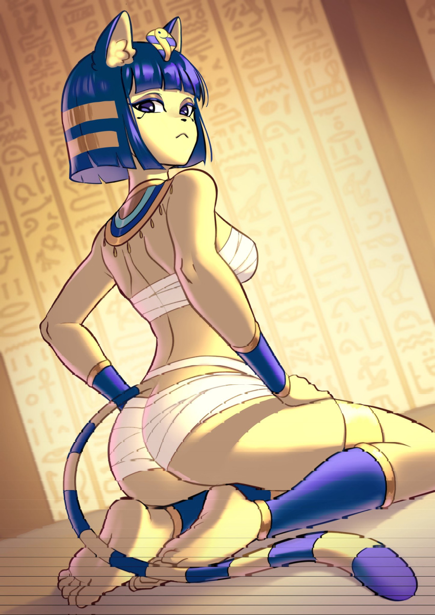 1girl animal_crossing animal_ears ankha_(animal_crossing) ass bandages bandeau bangs bare_arms bare_shoulders barefoot blue_eyes blue_hair blunt_bangs bob_cut breasts cat_ears cat_tail chest_sarashi commentary_request furry hieroglyphics highres jellypon looking_at_viewer medium_breasts midriff sarashi seiza short_hair sitting solo strapless tail thighlet thighs tube_top usekh_collar