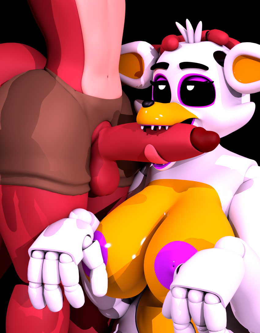 2022 3d_(artwork) absurd_res animatronic anthro balls big_breasts big_nipples black_background black_nose black_sclera bottomwear breasts brown_bottomwear brown_clothing brown_shorts canid canine clothing digital_media_(artwork) duo eyeshadow fangs female five_nights_at_freddy's five_nights_at_freddy's_world fox foxy_(fnaf) genitals geometryboymejia half-closed_eyes hand_on_head hi_res huge_breasts licking lips lolbit_(fnaf) machine makeup male mammal multicolored_body narrowed_eyes nipples oral penile penis penis_lick purple_eyeshadow purple_lips purple_nipples red_body robot scottgames sex shorts simple_background tongue tongue_out video_games white_body white_eyes yellow_body