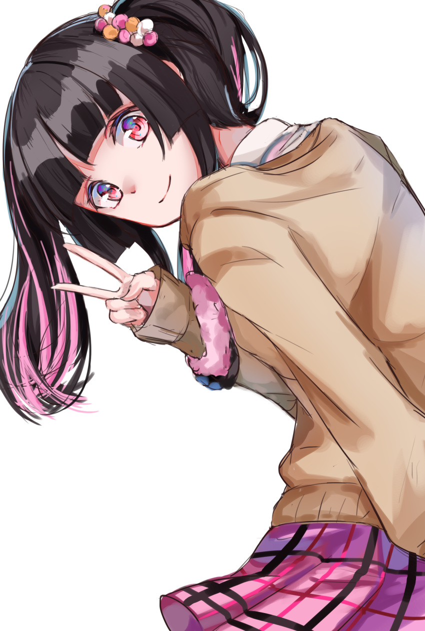 1girl absurdres bangs black_hair blunt_bangs brown_sweater closed_mouth from_behind hair_ribbon highres long_hair long_sleeves looking_at_viewer looking_back miniskirt multicolored_hair pink_hair pink_skirt plaid plaid_skirt pleated_skirt red_eyes ribbon senki_zesshou_symphogear shiny shiny_hair simple_background sketch skirt sleeves_past_wrists smile solo sweater tsukuyomi_shirabe twintails two-tone_hair v white_background yuunamida_uyu