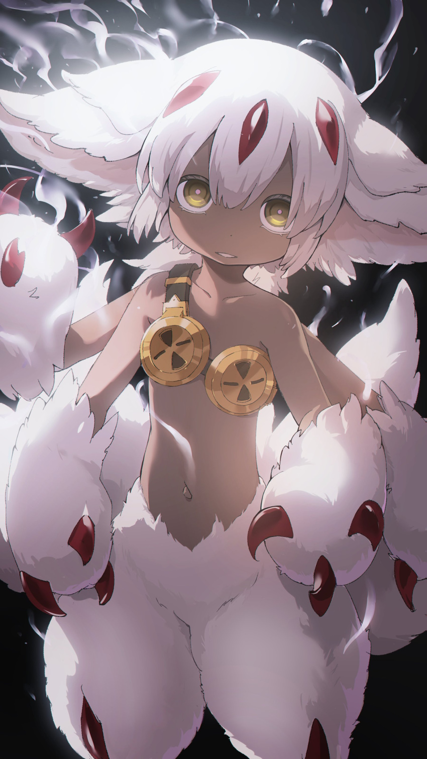 1girl absurdres animal_ears bangs black_background body_fur bright_pupils claws collarbone extra_arms extra_tails faputa feet_out_of_frame fewer_digits glowing highres horns looking_at_viewer made_in_abyss monster_girl navel nobusawa_osamu parted_lips pink_pupils red_horns short_hair shoulder_belt solo standing tail white_fur white_hair yellow_eyes