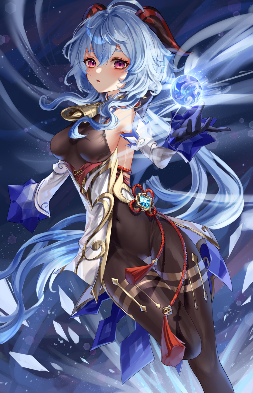 1girl absurdres ahoge bangs bare_shoulders bell black_gloves black_pantyhose blue_hair bodystocking bodysuit breasts chinese_knot clothes_lift detached_sleeves flower_knot ganyu_(genshin_impact) genshin_impact gloves gold_trim groin highres horns leg_up legs_together long_hair looking_at_viewer magic medium_breasts neck_bell orb pantyhose parted_lips pelvic_curtain pelvic_curtain_lift purple_eyes sideboob sidelocks solo tassel thigh_gap thighlet thighs una_kamra vision_(genshin_impact) waist_cape white_sleeves wind wind_lift