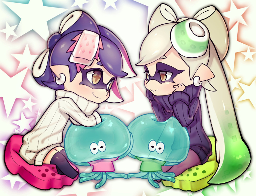 2girls alternate_costume alternate_hairstyle black_thighhighs brown_eyes callie_(splatoon) closed_mouth cousins cross-shaped_pupils dress earrings food food_on_head gradient_hair green_hair grey_hair hairstyle_switch hands_up highres jellyfish_(splatoon) jewelry long_hair long_sleeves looking_at_another marie_(splatoon) multicolored_hair multiple_girls object_on_head pantyhose pink_hair pointy_ears puchiman purple_dress purple_hair purple_pantyhose ribbed_dress short_hair sitting smile splatoon_(series) star_(symbol) starry_background sweater sweater_dress tentacle_hair thighhighs turtleneck_dress two-tone_hair white_dress zettai_ryouiki