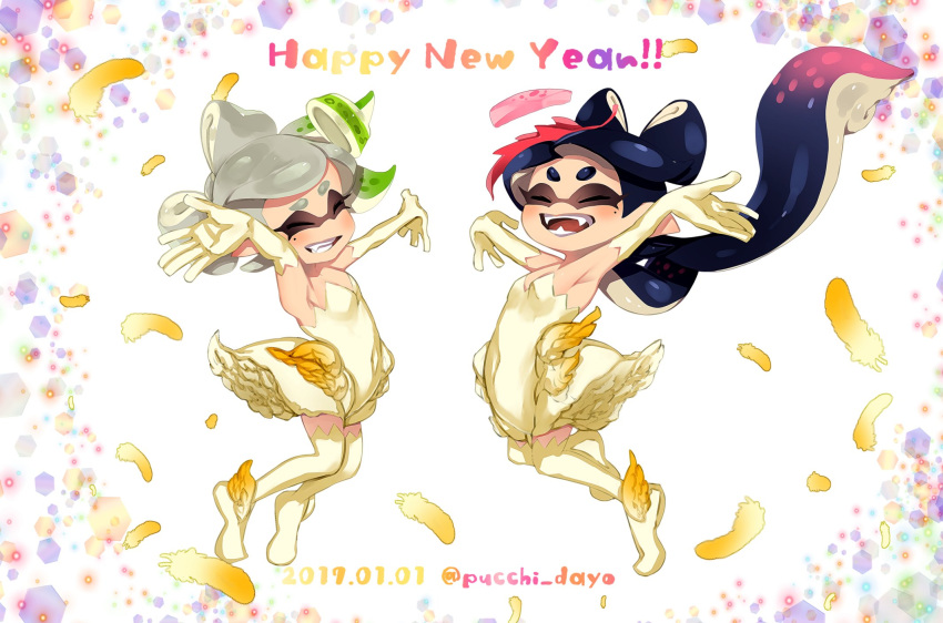 2017 2girls :d alternate_costume arms_up blue_hair breasts callie_(splatoon) closed_eyes cousins covered_navel dark_blue_hair dated dress elbow_gloves fangs feathers gloves gradient_hair green_hair grey_hair grin happy_new_year highres long_hair marie_(splatoon) mole mole_under_eye multicolored_hair multiple_girls no_nose pink_hair puchiman short_hair small_breasts smile splatoon_(series) strapless strapless_dress suction_cups teeth tentacle_hair thighhighs twitter_username two-tone_hair yellow_dress yellow_gloves yellow_thighhighs