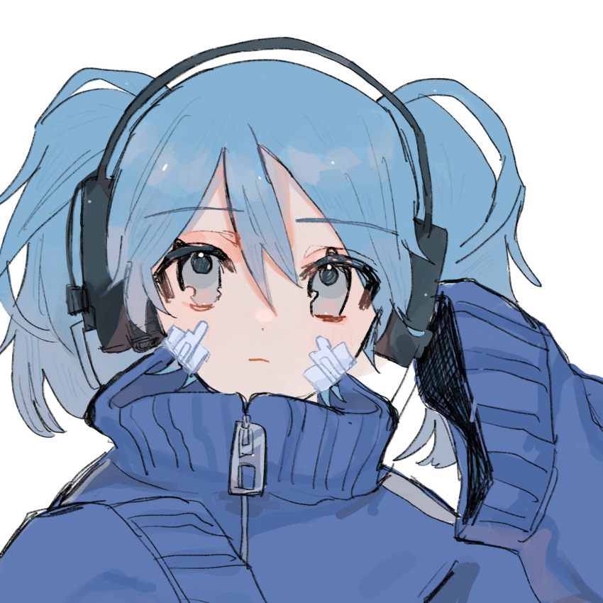 1girl blue_eyes blue_hair blue_jacket closed_mouth ene_(kagerou_project) hair_between_eyes headphones high_collar highres jacket kagerou_project light_blush long_sleeves nmuy portrait simple_background sleeves_past_fingers sleeves_past_wrists solo track_jacket twintails white_background