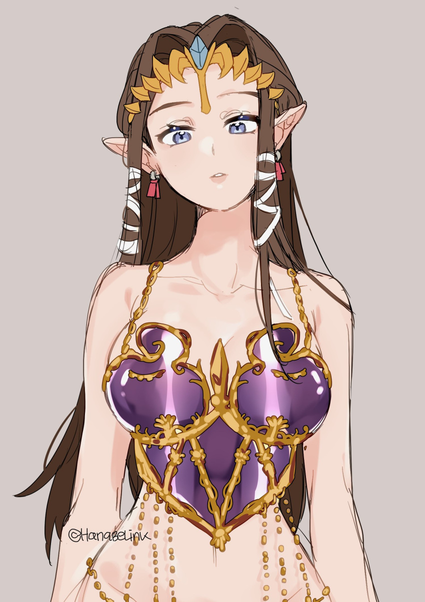 1girl bird blue_eyes braid breasts brown_hair crow earrings hanabelink highres jewelry large_breasts lipstick long_hair makeup metal_bra pointy_ears princess_zelda sketch solo the_legend_of_zelda the_legend_of_zelda:_twilight_princess twin_braids twitter_username