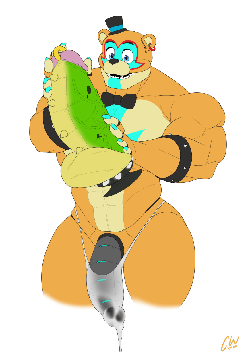 2022 animatronic anthro armband biceps big_dildo bodily_fluids bow_tie charcoalwaffle26 claws clothed clothing cum cum_in_clothing cum_in_underwear cum_through_clothing cum_through_thong cum_through_underwear dildo ear_piercing ear_ring erection erection_under_clothing eyebrows facial_markings five_nights_at_freddy's five_nights_at_freddy's:_security_breach genital_fluids genital_piercing genitals glamrock_freddy_(fnaf) hat head_markings headgear headwear hi_res holding_dildo holding_object holding_sex_toy huge_dildo huge_thighs humanoid_genitalia humanoid_penis machine male mammal markings montgomery_gator_(fnaf) muscular muscular_anthro muscular_male pecs penis penis_piercing piercing prince_albert_piercing ring_piercing robot scottgames sex_toy simple_background smile solo spiked_armband spiked_penis spikes spikes_(anatomy) standing teeth thick_dildo thick_thighs thong top_hat translucent translucent_clothing translucent_thong translucent_underwear underwear ursid vein video_games wet wet_clothing wet_thong wet_underwear white_background