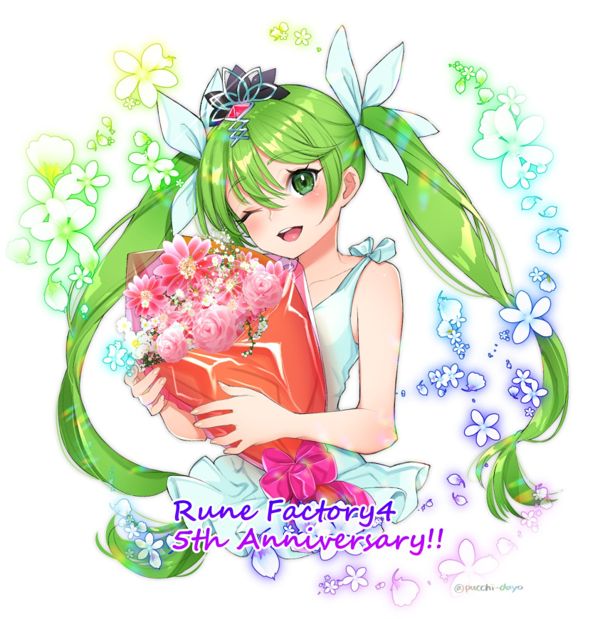 1girl ;d anniversary bangs bare_arms bare_shoulders bouquet collarbone flower frey_(rune_factory) gem green_eyes hair_between_eyes hair_ribbon highres holding holding_bouquet light_green_hair looking_at_viewer one_eye_closed pink_flower pink_gemstone puchiman ribbon rune_factory rune_factory_4 smile solo teeth twintails twitter_username white_background white_flower white_ribbon