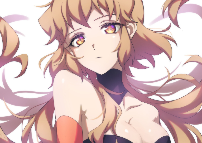 1girl alternate_hair_length alternate_hairstyle black_choker breasts brown_hair choker cleavage closed_mouth collarbone detached_sleeves floating_hair highres long_hair looking_at_viewer medium_breasts orange_sleeves senki_zesshou_symphogear senki_zesshou_symphogear_xd_unlimited shiny shiny_skin solo strapless tachibana_hibiki_(symphogear)_(another) upper_body very_long_hair yellow_eyes yukitsuba_hina