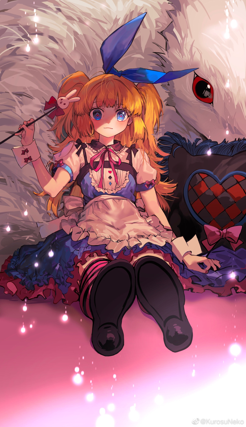 1girl :3 absurdres alice_(alice_in_wonderland) alice_in_wonderland animal apron back_bow bangs black_bow black_footwear blonde_hair blue_bow blue_dress blue_eyes blunt_bangs bow bright_pupils buttons closed_mouth collared_shirt commentary cross_neko cushion diamond_button dress fingernails frilled_shirt_collar frills full_body hair_bow heart_button highres holding holding_wand long_hair looking_at_viewer neck_ribbon original oversized_animal petticoat pink_bow pink_pupils pink_ribbon pink_thighhighs puffy_short_sleeves puffy_sleeves rabbit ribbon shirt shoes short_sleeves solo striped striped_thighhighs thighhighs twintails waist_apron wand weibo_logo weibo_username white_apron white_bow white_shirt wrist_cuffs