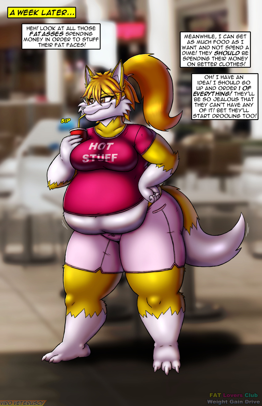 2022 absurd_res anthro belly bottomwear breasts canid canine clothing container cup digital_media_(artwork) drinking english_text female fox fur hair hi_res if_hell_had_a_taste mammal multicolored_body multicolored_fur obese obese_anthro obese_female overweight overweight_anthro overweight_female ponytail profanity shirt shorts solo straw text text_on_clothing text_on_shirt text_on_topwear thick_thighs tiffany_brewwer topwear two_tone_body two_tone_fur viroveteruscy weight_gain