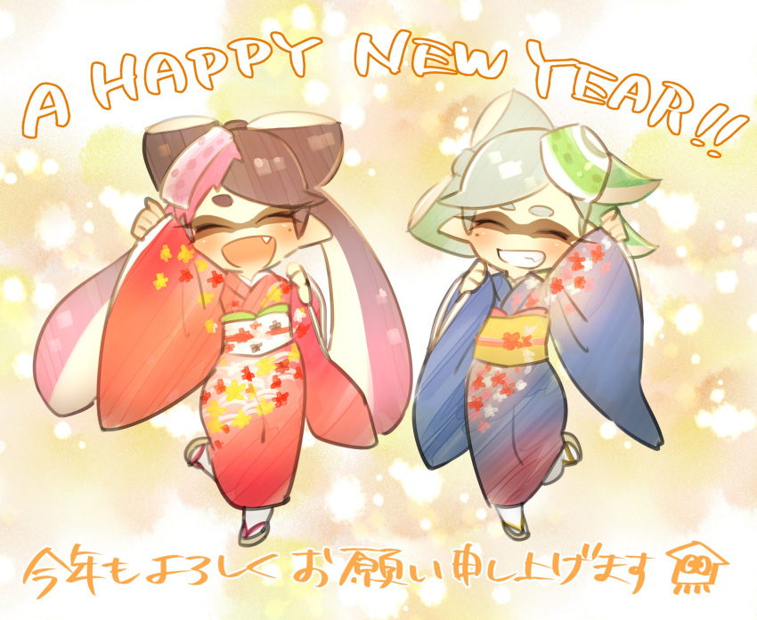 2girls ^_^ alternate_costume arm_up black_hair blue_kimono callie_(splatoon) closed_eyes cousins fang food food_on_head full_body geta gradient_hair green_hair grey_hair grin hand_up happy_new_year highres japanese_clothes kimono leg_up long_hair long_sleeves marie_(splatoon) mole mole_under_eye multicolored_hair multiple_girls no_nose obi object_on_head pink_hair puchiman red_kimono sash short_hair smile socks splatoon_(series) tabi teeth tentacle_hair two-tone_hair white_socks wide_sleeves