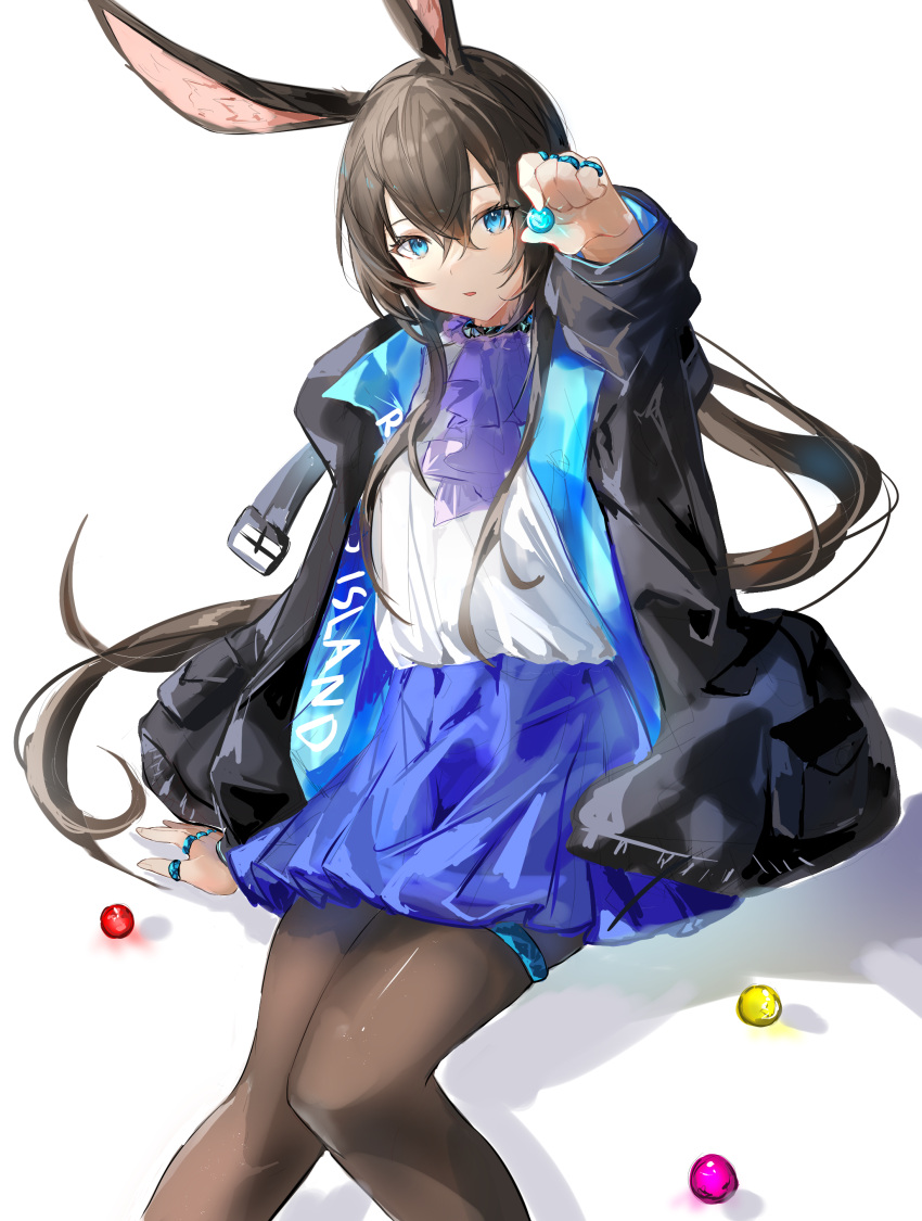 1girl absurdres amiya_(arknights) amiya_(guard)_(arknights) animal_ears arknights ascot ball bangs black_jacket blue_eyes blue_skirt brown_hair brown_pantyhose feet_out_of_frame hand_on_floor highres holding holding_ball jacket jewelry kkk_dami long_hair long_sleeves looking_at_viewer official_alternate_costume on_floor open_clothes open_jacket open_mouth pantyhose purple_ascot rabbit_ears ring shirt sidelocks skirt solo white_background white_shirt
