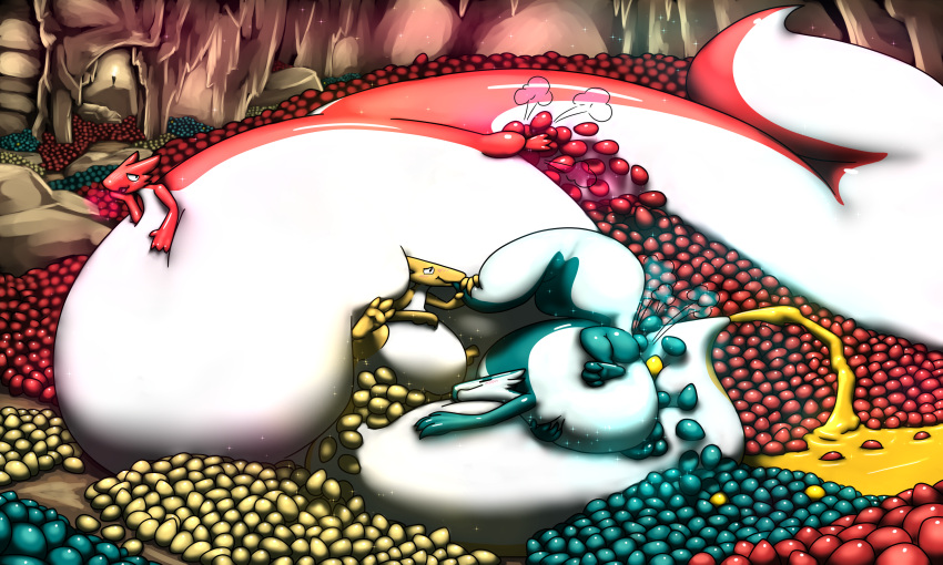 2020 anthro belly belly_squish big_belly blush cave egg excessive_eggs firolina glistening green_body group herm hi_res huge_tail hyper hyper_belly hyper_pregnancy intersex lying on_front on_side oviposition pheromones pregnant red_body scent_dragon sitting squish tail_milk thick_tail white_body yellow_body