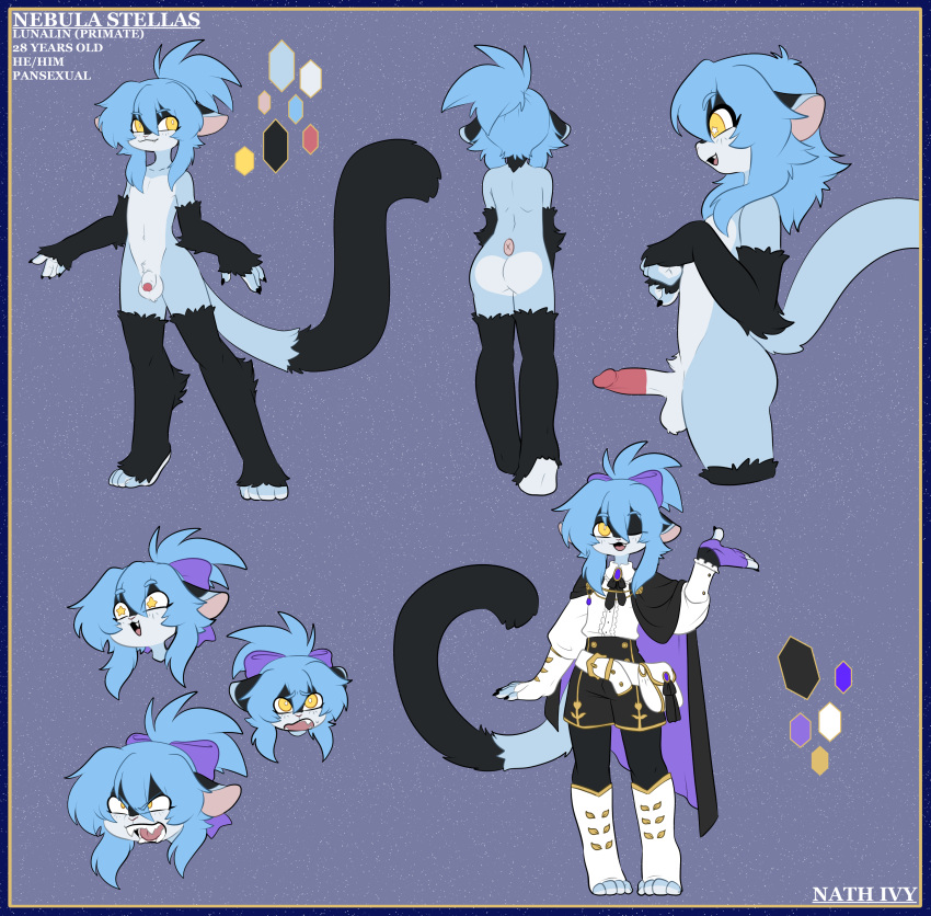 absurd_res anthro balls blue_body blue_fur blue_hair butt clothed clothing color_swatch facial_expressions fur genitals hair haplorhine hi_res humanoid long_tail lunalin male mammal model_sheet monkey nathivy nebula_stellas nude original_characters penis primate solo yellow_eyes