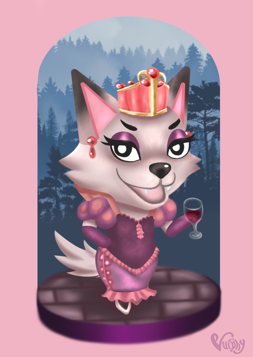 absurd_res alcohol animal_crossing anthro beverage canid canine chibi clothing container crown cup cute_fangs dress drinking_glass ear_piercing ear_ring female forest forest_background fox fur glass glass_container glass_cup hand_on_hip hi_res looking_at_viewer mammal nakhta nature nature_background nintendo piercing plant queen ring_piercing royalty solo tree video_games vulphy white_body white_fur wine wine_glass