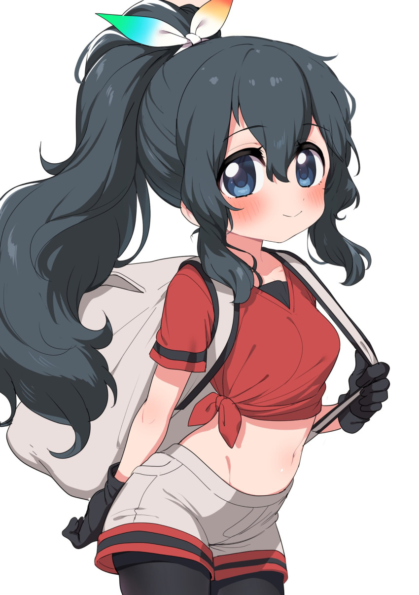 1girl :&gt; alternate_hairstyle backpack bag bangs black_gloves black_hair black_undershirt blue_eyes blush closed_mouth commentary_request crop_top gloves hair_between_eyes highres kaban_(kemono_friends) kemono_friends khakis long_hair midriff navel pantyhose ponytail ransusan red_shirt shirt short_sleeves shorts sidelocks simple_background smile solo standing stomach t-shirt tied_shirt white_background