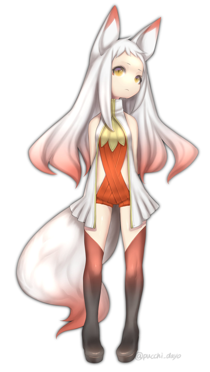 1girl absurdres animal_ears arms_behind_back bare_shoulders closed_mouth fox_ears fox_girl fox_tail frown full_body gradient gradient_hair gradient_legwear highres legs_apart long_hair multicolored_hair multicolored_tail no_nose original puchiman red_hair red_tail simple_background solo standing tail thighhighs turtleneck twitter_username two-tone_hair white_background white_hair white_tail yellow_eyes