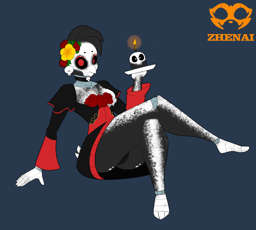 2020 accessory animatronic anthro avian bird black_body black_sclera bodypaint candle catrina_toy_chica chicken choker clothing cupcake day_of_the_dead digital_drawing_(artwork) digital_media_(artwork) dress face_paint feathers female fire five_nights_at_freddy's five_nights_at_freddy's_2 five_nights_at_freddy's_ar flower flower_accessory flower_in_hair food galliform gallus_(genus) hair hair_accessory hi_res holding_plate jewelry machine necklace panties phasianid plant pupils red_pupils robot scottgames simple_background skull_accessory smile solo tail_feathers toy_chica_(fnaf) underwear upskirt video_games white_pupils zhenai