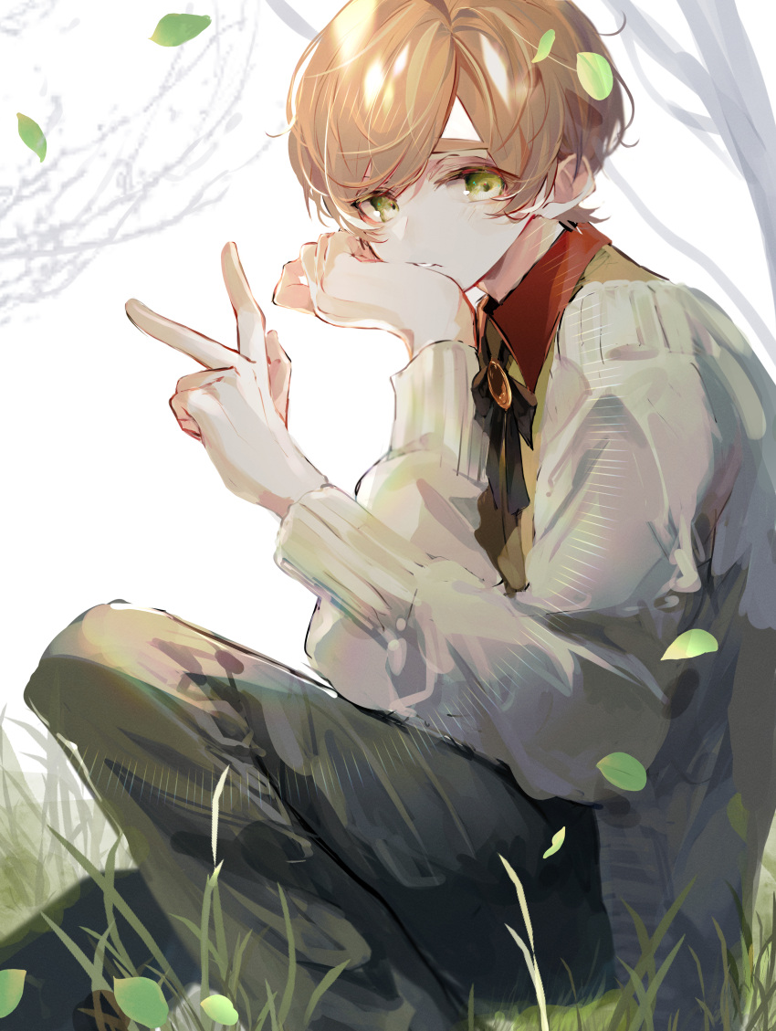 1boy absurdres black_pants blush brown_hair grass green_eyes green_shirt highres jewelry long_sleeves looking_at_viewer male_focus original pants pendant shirt short_hair solo sweater u-sama_(u_summer0719) v white_background white_sweater