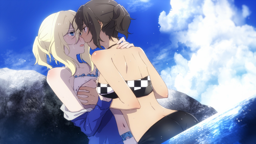 2girls alternate_hairstyle amazuki_jou andou_(girls_und_panzer) bare_shoulders black_hair blonde_hair blue_eyes blue_sky blush breast_grab breasts brown_eyes butt_crack checkered_clothes checkered_swimsuit cloud cloudy_sky collarbone dark-skinned_female dark_skin day face-to-face frilled_swimsuit frills girls_und_panzer grabbing hand_on_another's_shoulder highres jacket long_sleeves medium_hair messy_hair multiple_girls navel open_mouth oshida_(girls_und_panzer) ponytail rock shoulder_blades sky swimsuit water water_drop yuri