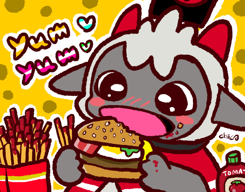 &lt;3 2022 absurd_res ambiguous_gender anthro bacon blush blush_lines blush_stickers bottle bovid burger burger_bun caprine chico cult_of_the_lamb eating english_text food food_on_face fried_egg fries fur grey_body hi_res holding_food holding_object horn ichigokenpi kemono ketchup lamb_(cult_of_the_lamb) lettuce mammal meat open_mouth plant red_crown_(cult_of_the_lamb) sesame_seeds sheep signature solo text tongue vegetable white_body white_fur white_wool wool_(fur)