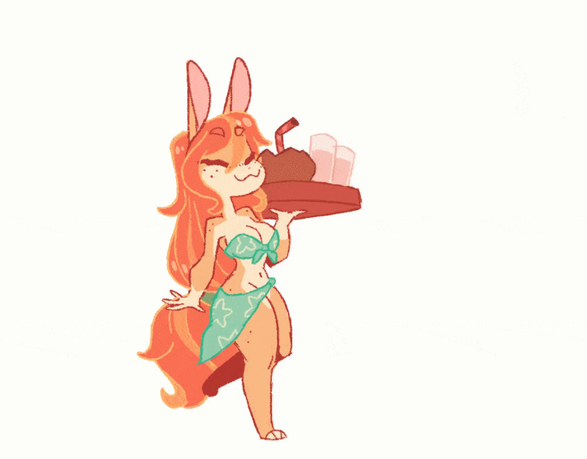 animated anthro bodily_fluids bra breasts cleavage clothed clothing container crying cup dropping_object falling female glass glass_container glass_cup hair humor hurt_expression kittykola lagomorph leporid mammal orange_hair pain rabbit shaking solo straw tears underwear