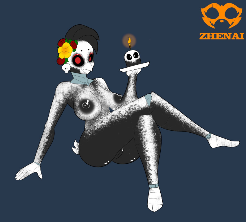 2020 accessory animatronic anthro avian bird black_body black_sclera bodypaint candle catrina_toy_chica chicken cupcake day_of_the_dead digital_drawing_(artwork) digital_media_(artwork) face_paint feathers female fire five_nights_at_freddy's five_nights_at_freddy's_2 five_nights_at_freddy's_ar flower flower_in_hair food galliform gallus_(genus) genitals hair hair_accessory hi_res holding_plate machine nipples phasianid plant pupils pussy red_pupils robot scottgames simple_background skull_accessory smile solo tail_feathers toy_chica_(fnaf) video_games white_pupils zhenai