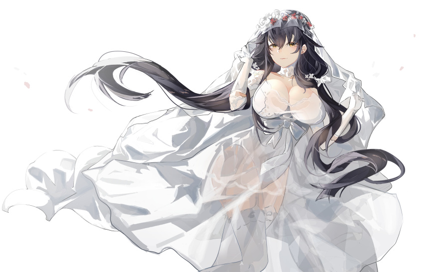 1girl absurdres arms_up azuma_(azur_lane) azuma_(lily-white_longing)_(azur_lane) azur_lane bangs black_hair breasts bridal_veil cleavage closed_mouth collarbone dress elbow_gloves feet_out_of_frame flower garter_belt garter_straps gloves hair_flower hair_ornament highres huge_breasts kkk_dami light_blush lips long_hair looking_at_viewer low_twintails official_alternate_costume petals solo standing thighhighs twintails veil wedding_dress white_background white_dress white_gloves white_thighhighs white_veil yellow_eyes