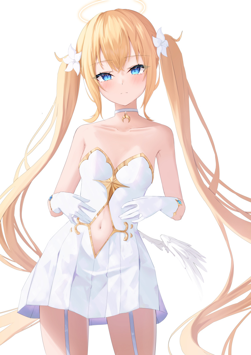 1girl absurdres aki_uzuki3 angel bare_shoulders blonde_hair blue_eyes blush breasts dress garter_straps hair_ornament halo highres large_breasts long_hair looking_at_viewer original simple_background single_wing skirt solo white_background wings