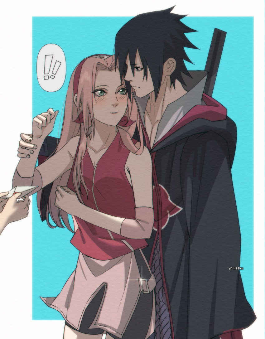 1boy 1girl 1other absurdres bike_shorts black_eyes black_hair forehead_protector green_eyes hairband haruno_sakura highres letter long_hair naruto_(series) naruto_shippuuden niku_(ni23ku) pink_hair robe smile twitter_username uchiha_sasuke