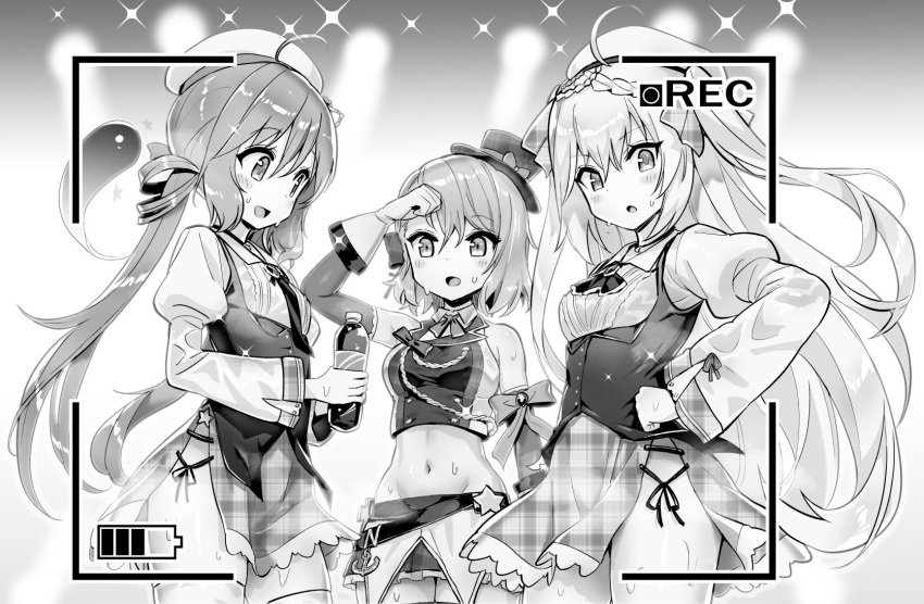 ... 3girls :d ahoge arm_up ascot azur_lane azur_lane:_slow_ahead bangs bare_shoulders beret blush bottle braid breasts closed_mouth comet_(azur_lane) crescent_(azur_lane) cross detached_sleeves frilled_skirt frills gloves greyscale groin hair_between_eyes hair_ornament hand_on_hip hand_up hands_up hat highres holding holding_bottle hori_(hori_no_su) long_hair long_sleeves low_twintails medium_breasts midriff monochrome multiple_girls navel open_mouth plaid plaid_headwear plaid_skirt pleated_skirt retrofit_(azur_lane) shared_speech_bubble shirt skirt sleeveless sleeveless_shirt small_breasts smile sparkle speech_bubble spoken_ellipsis star_(symbol) star_hair_ornament sweat thighhighs tilted_headwear twintails very_long_hair z23_(azur_lane) z23_(serious_idol_@acting_manager?!)_(azur_lane)