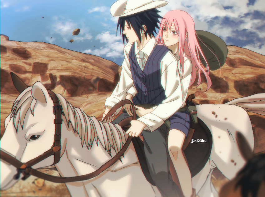 1boy 1girl absurdres black_hair blue_sky cloud cowboy_hat cowboy_western facial_mark forehead_mark green_eyes green_necktie gun haruno_sakura hat highres holster horse horseback_riding long_hair naruto_(series) naruto_shippuuden necktie niku_(ni23ku) pink_hair revolver riding sky striped striped_vest uchiha_sasuke vest weapon