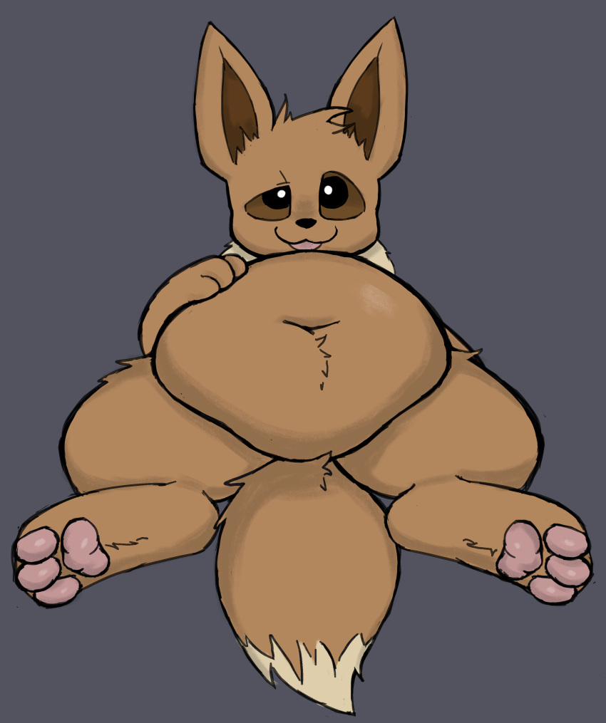 absurd_res belly big_belly brown_body canid canine digital_media_(artwork) eevee feral fur generation_1_pokemon hi_res hindpaw looking_at_viewer mammal navel nintendo open_mouth overweight paws pokemon pokemon_(species) simple_background solo somekindajackal video_games